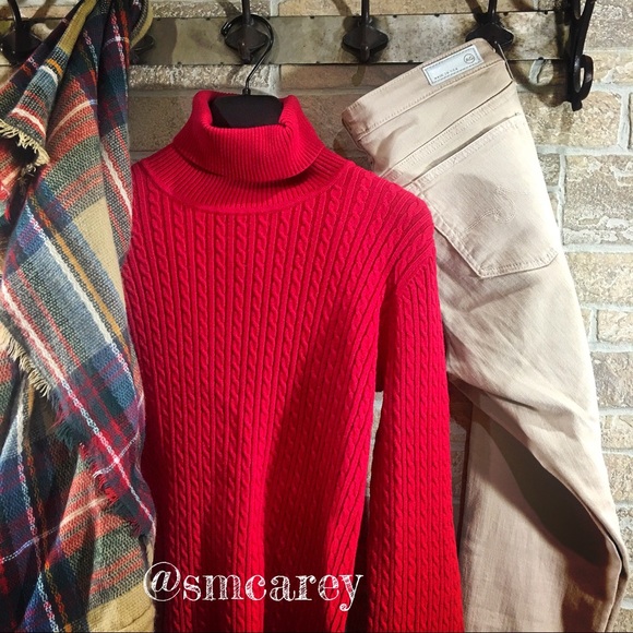 Anne Klein Sweaters - GUC POP OF COLOR RED CABLE KNIT TURTLE NECK M