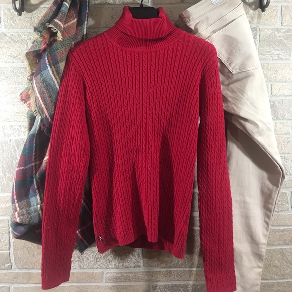 GUC POP OF COLOR RED CABLE KNIT TURTLE NECK M - Picture 2 of 3