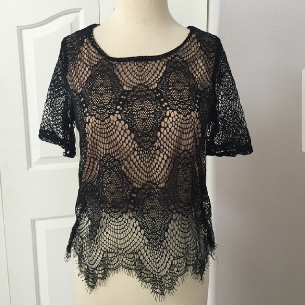 PRE-LOVED // Black & Nude Webbed Lace Crop Top