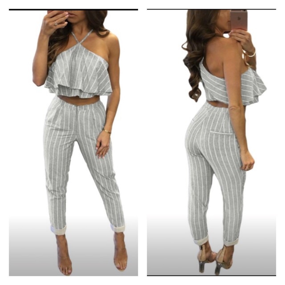 Gray Striped ruffle top and Pants
