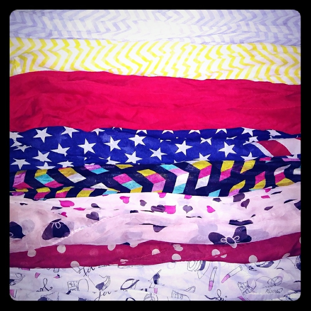 Nine scarves and two hats