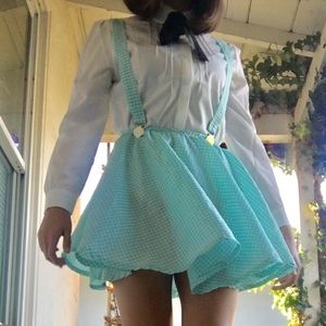 Kawaii Gingham Teal/Blue Suspender Skirt