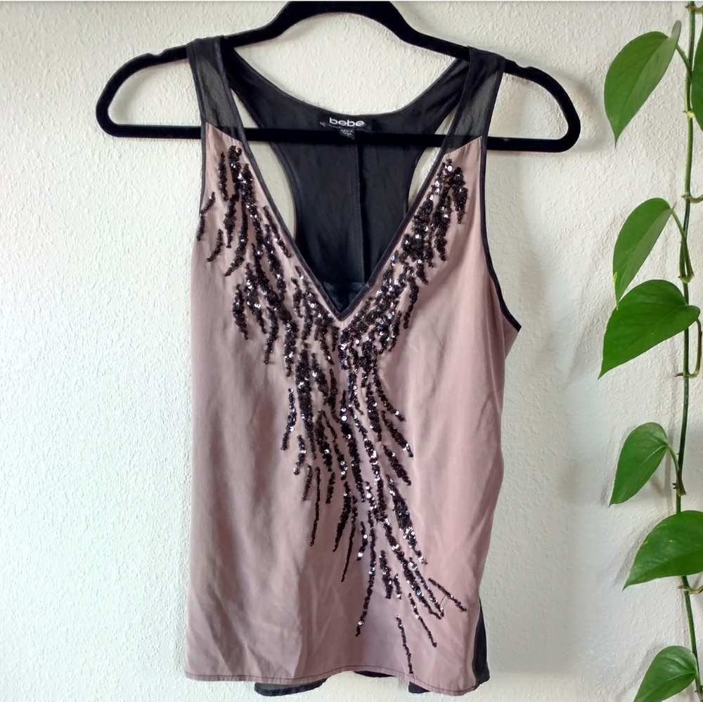 Bebe Silk / Spandex Mauve & Black V-Neck Tank Top