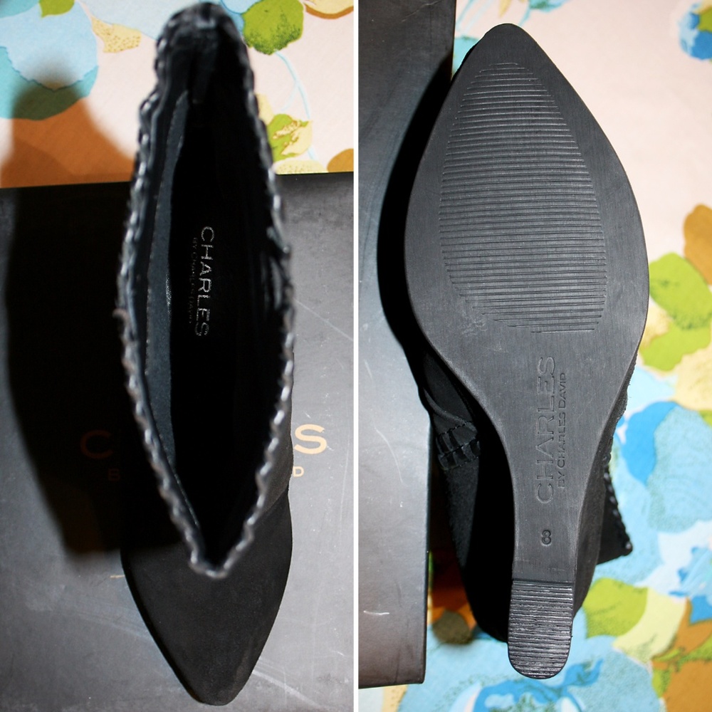 Black Whipstitched Suede Wedged Ankle Boot NIB - Picture 6 of 8