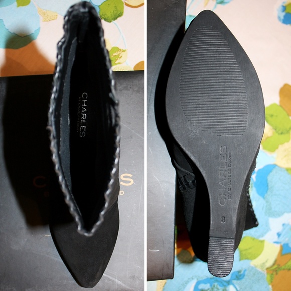 Black Whipstitched Suede Wedged Ankle Boot NIB - Picture 6 of 8