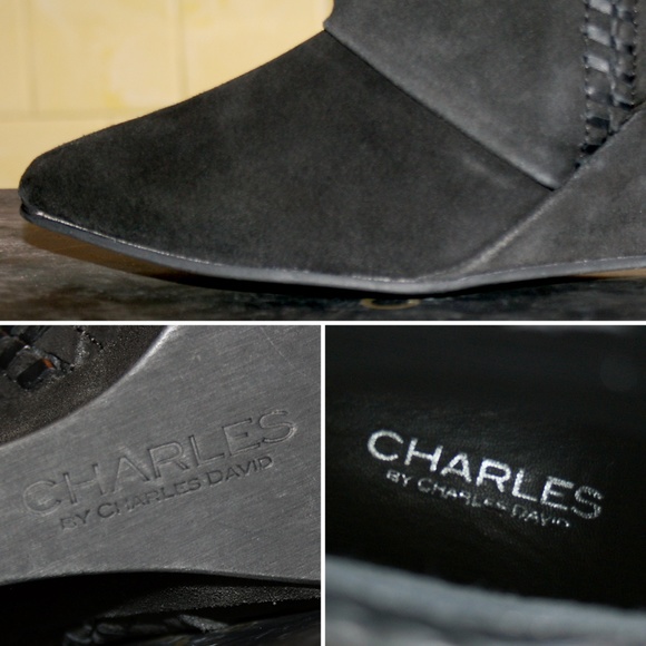 Black Whipstitched Suede Wedged Ankle Boot NIB - Picture 8 of 8