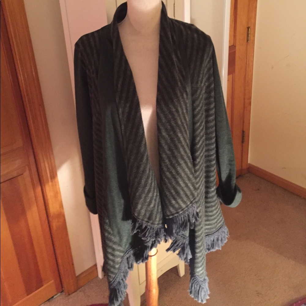 Anthropology hunter green stripe fringe cardigan