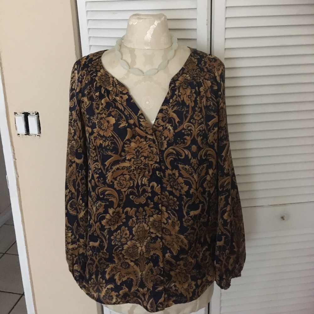 Silky navy blue with gold blouse