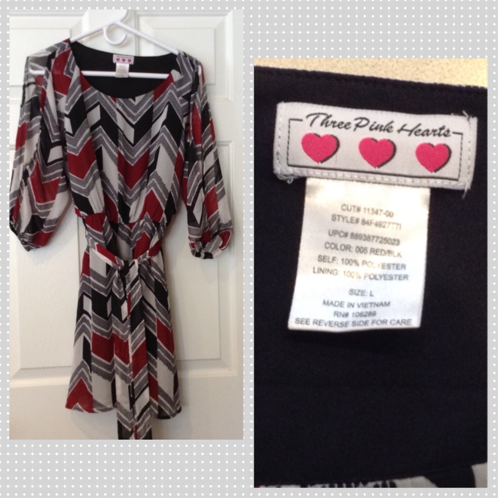 Grey & red 3/4 sleeve patterned dress