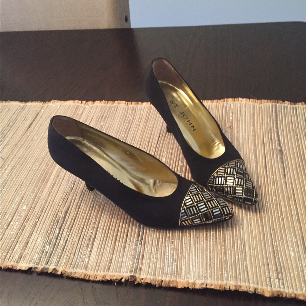 👠ST. JOHN Italy Satin Paillette Pumps Heels Shoes