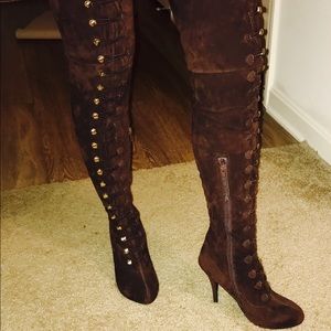 Brown Thigh High Military Lace Up Boots