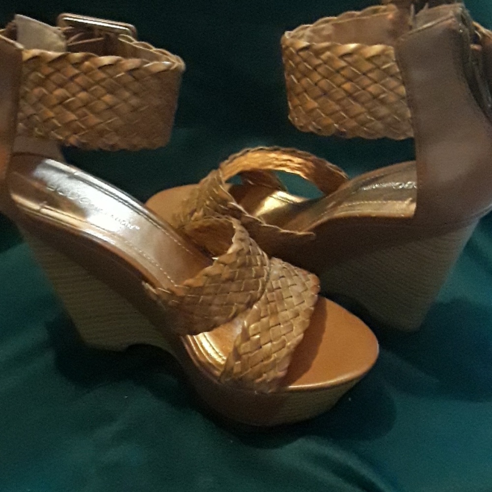 Brown ankle strapped wedged open toed heels