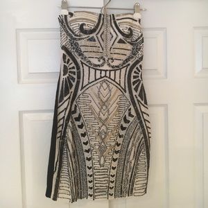 Size small Bebe beaded dress black gold & white