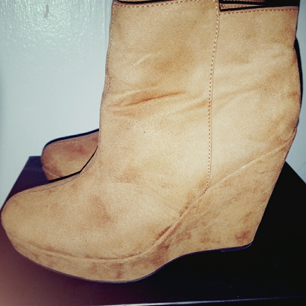 brown suede ankle wedge heel boots; size 8