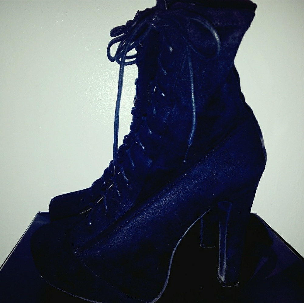 Black suede mid calf combat heel boots size 7.5