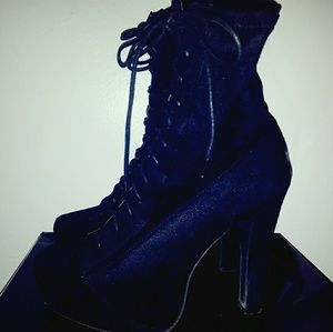 Black suede mid calf combat heel boots size 7.5