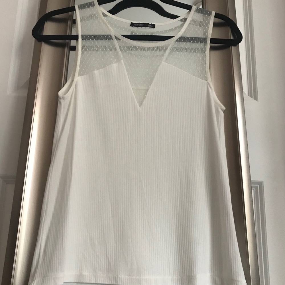 Zara White Blouse, Mesh & Dot Detail, Never Worn