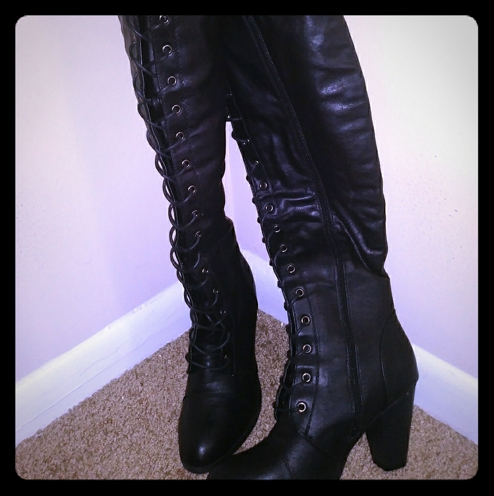 Thigh high faux leather laced chunky heel boots