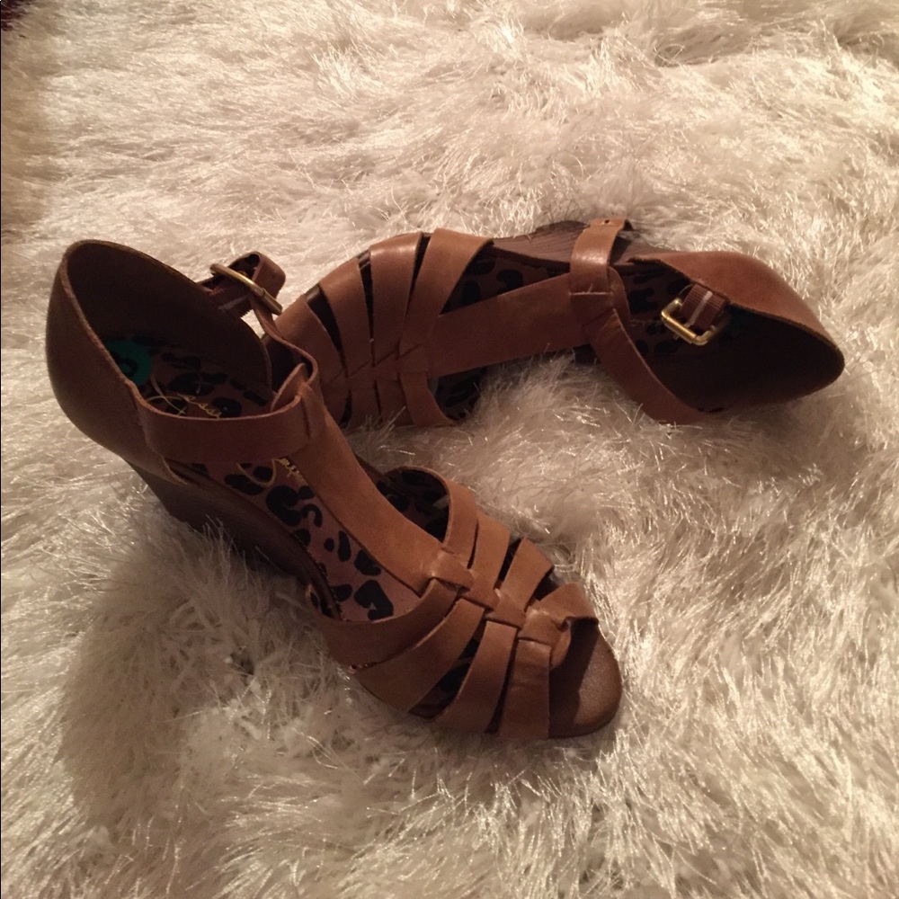 Jessica Simpson tan wedges with ankle strap