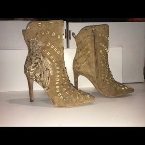 Gold Studded and embroidered suede heeled bootie