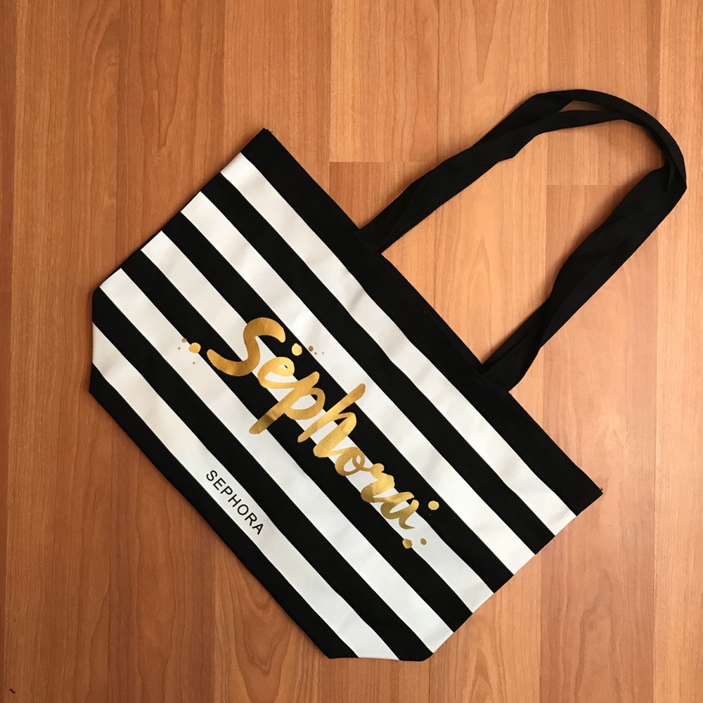 Sephora striped tote bag gold lettering NWOT