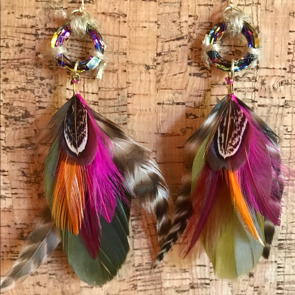 Shaman Earrings - feathers, crystal, jute