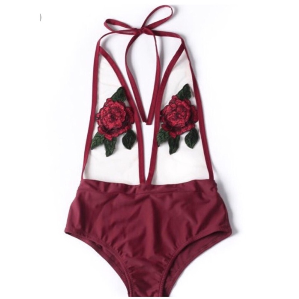 Burgundy mesh flower one piece bathing suit