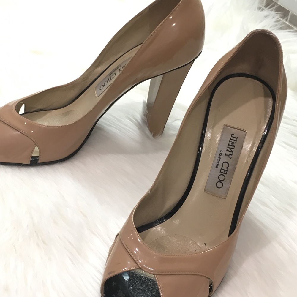 Jimmy Choo Nude Designer  Peep Toe Pumps - Picture 2 of 7