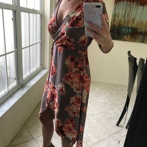 3/4 Sleeve Gray and Floral Faux Wrap Dress