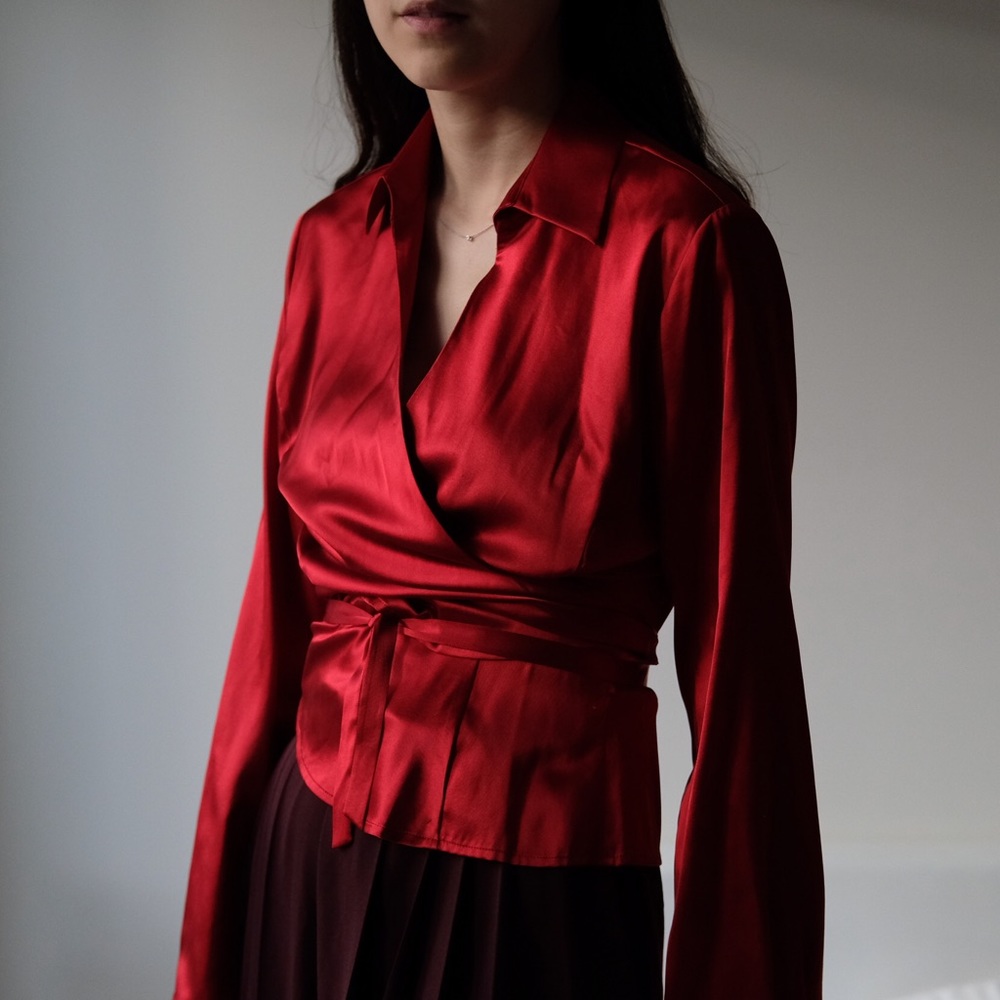 Red silk wrap top