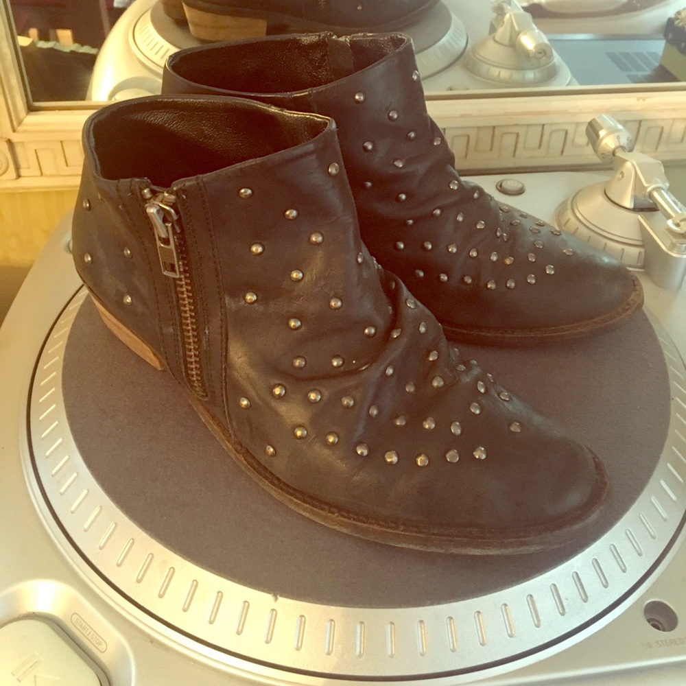 Black distressed leather studded ankle boots