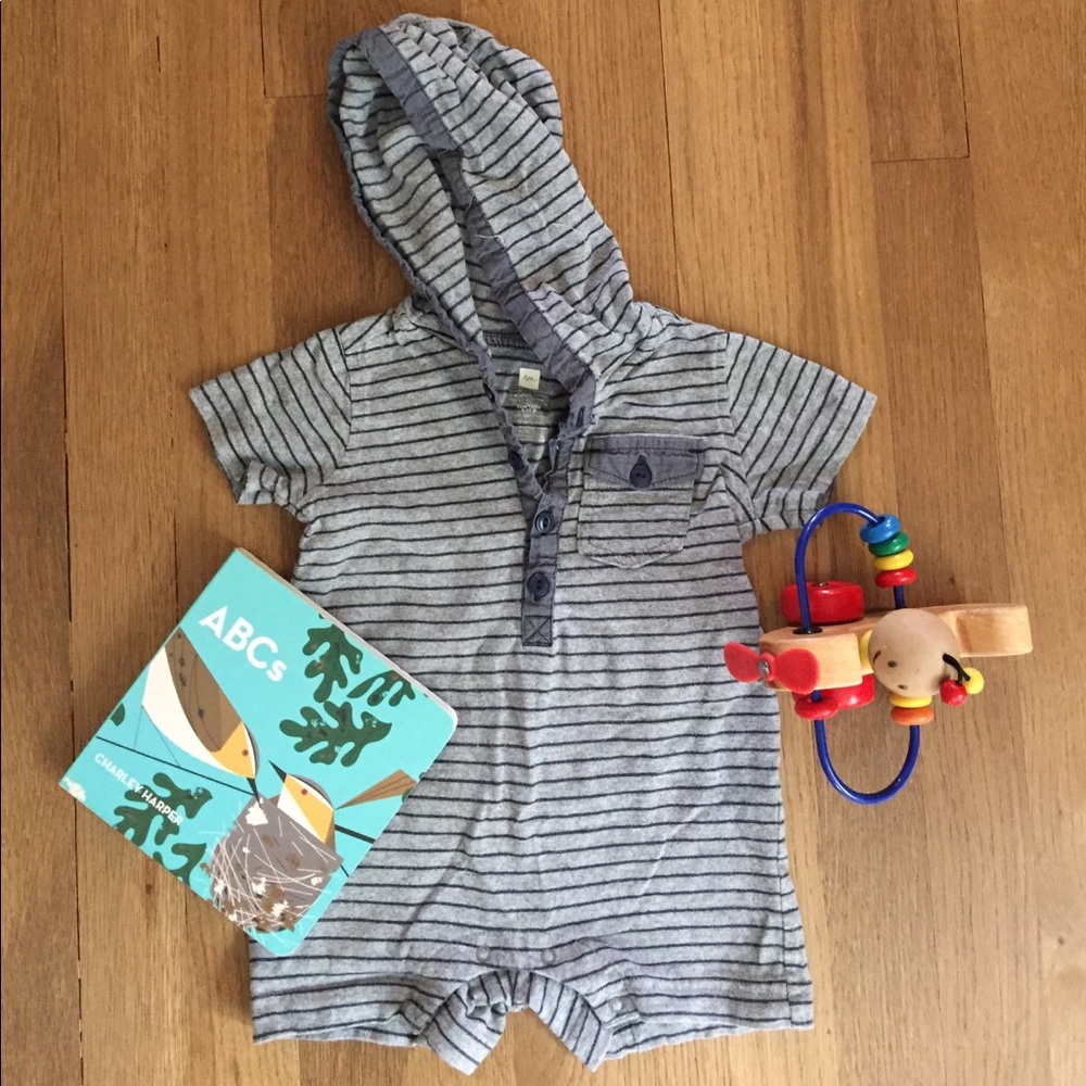 Tea Collection grey and navy striped hooded romper