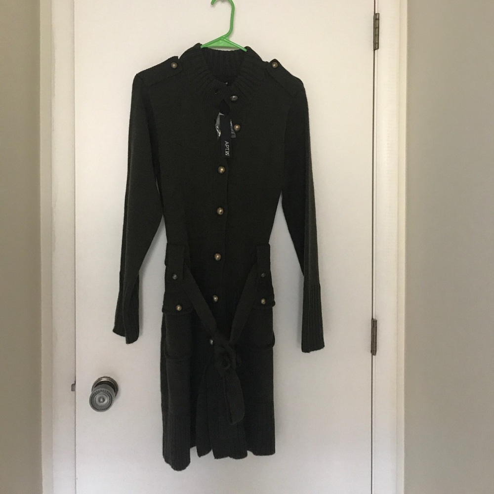 Olive green long sweater with gold buttons.