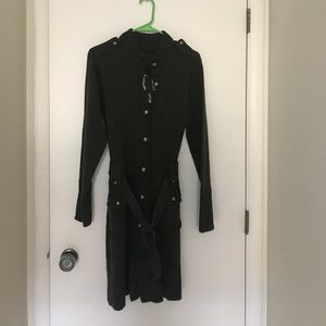 Olive green long sweater with gold buttons.