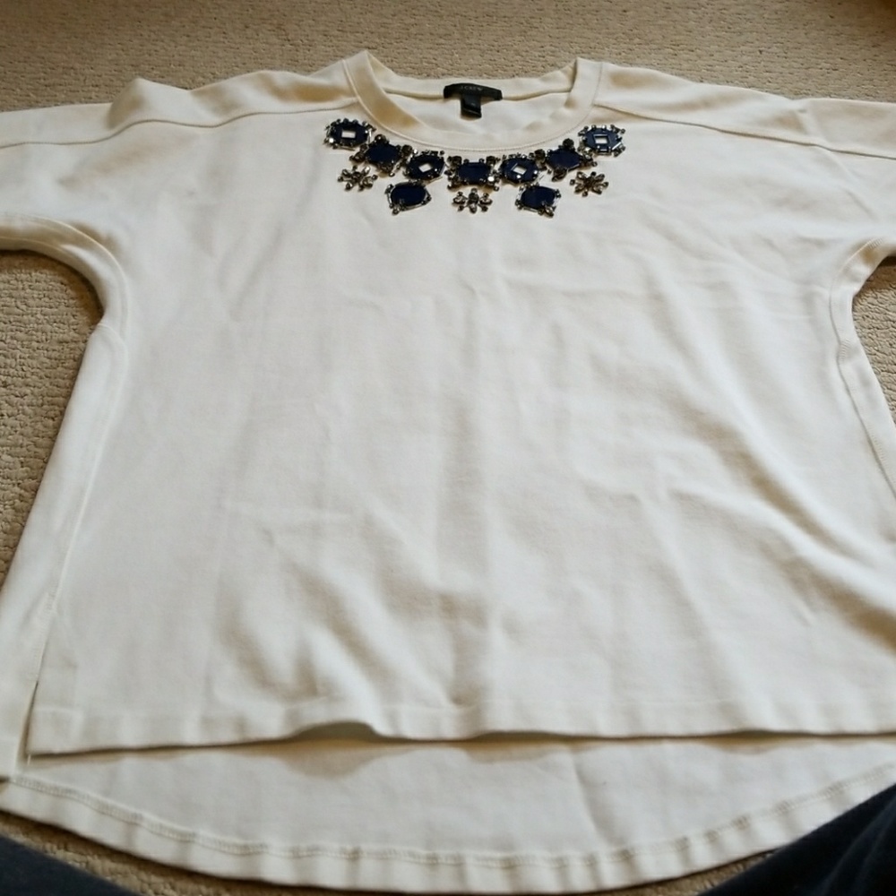 Thick navy and grey  jeweled white blouse.