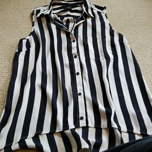 Blue and white stripped button down blouse.