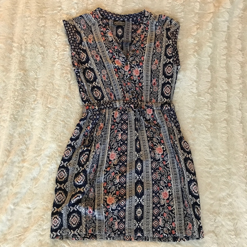 Navy and Red Patterned Dress