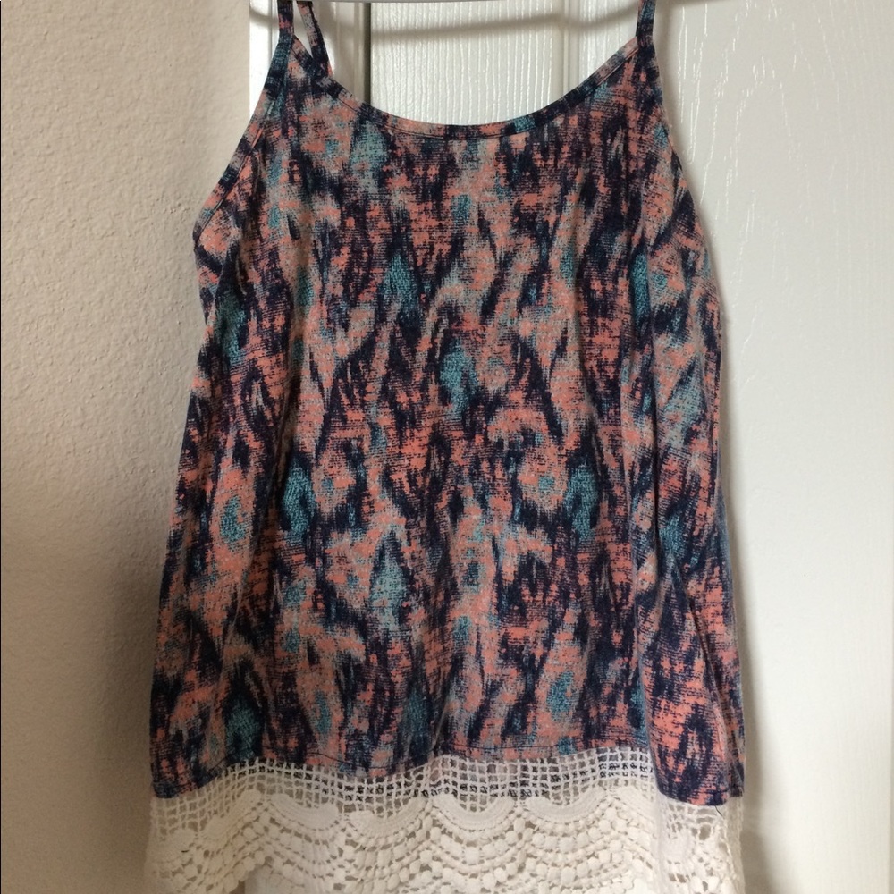 blue/orange/navy tank top with white lace