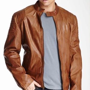 Medium, Camel Leather Moto Jacket