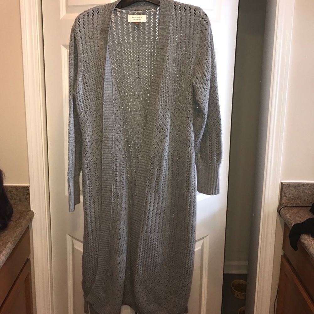Long gray open sweater jacket