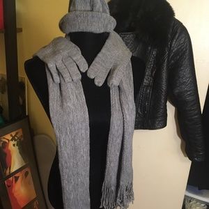 gray hat, gloves and scarf combo