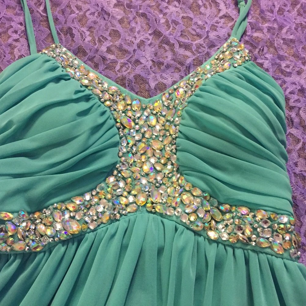 Sea foam green Formal dress w/ holo rhinestones.