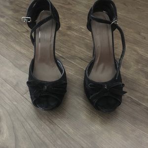 Black velvet bow heels