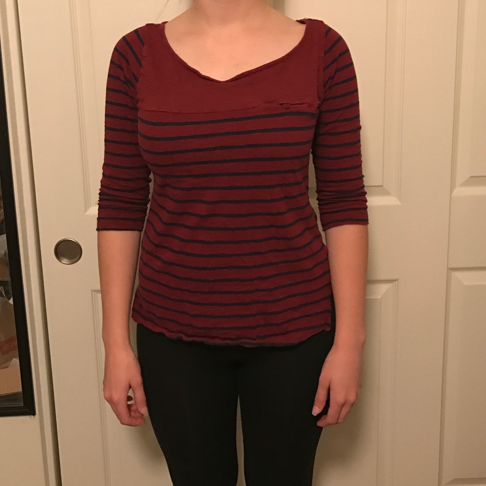 Red and blue striped 3/4 sleeve shirt