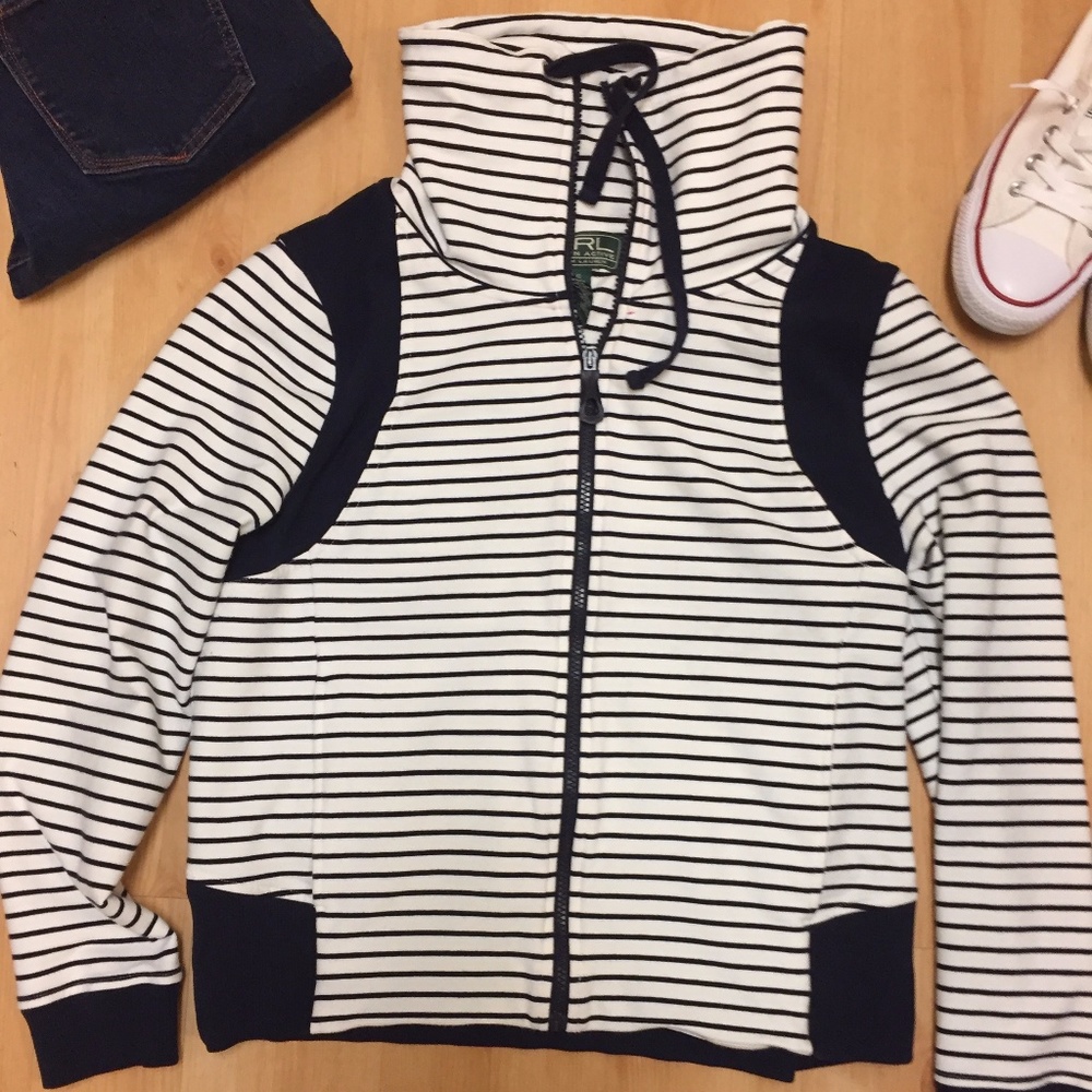 L-RL Ralph Lauren Active Cowl Neck Striped Zip-up