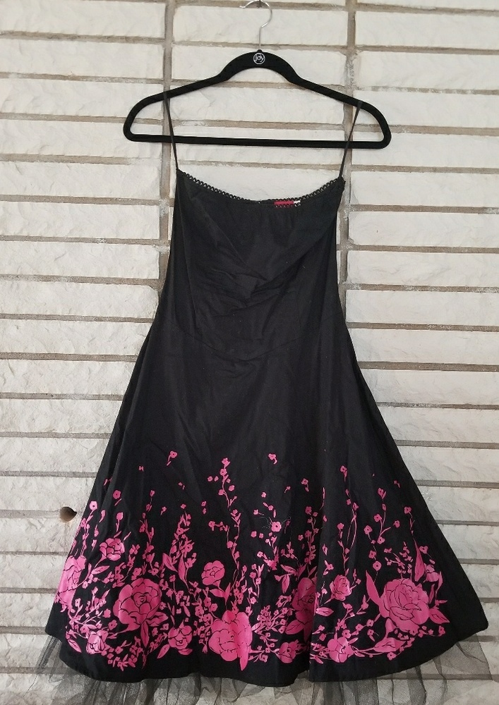 Black strapless dress with pink flowers