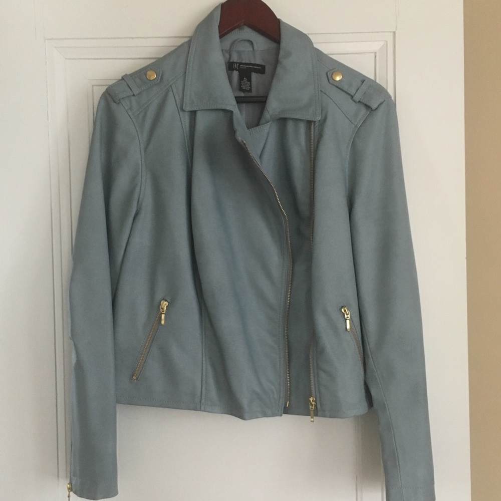 Light blue faux leather biker jacket
