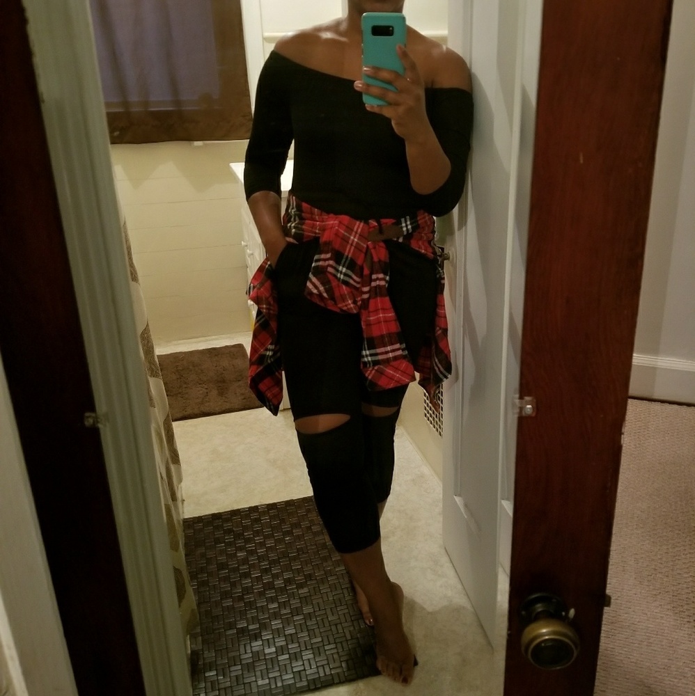 Black Off Shoulder Slit Knee Jumpsuit
