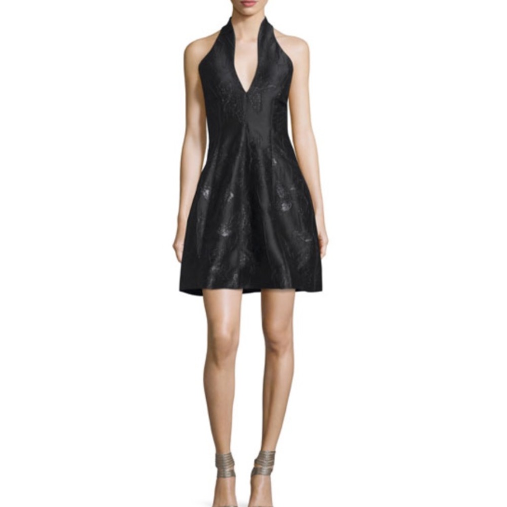 Halston Heritage Metallic Jacquard Halter Dress