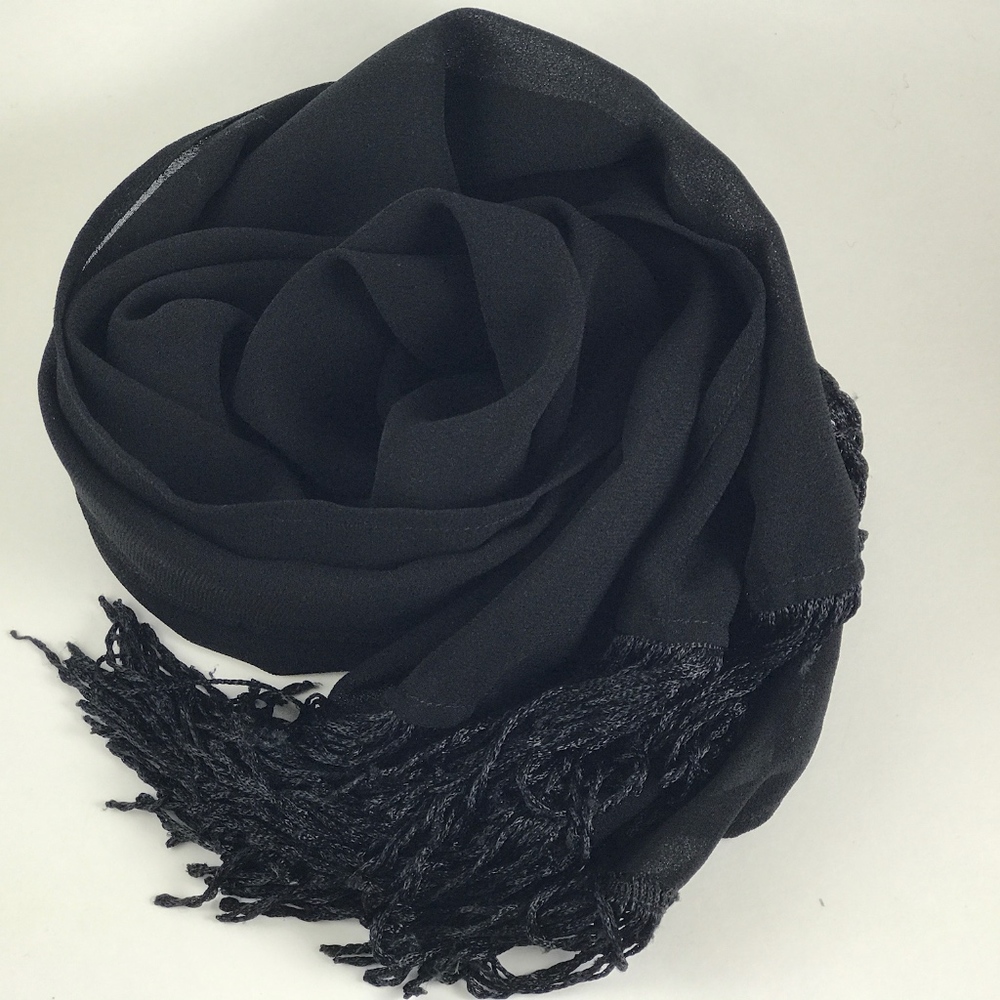 Black Sheer Scarf with Fringe for Women